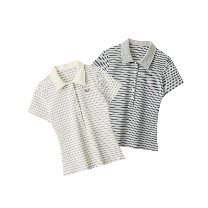 Striped-design T-shirt Contrast-color Short-sleeve Top For Women