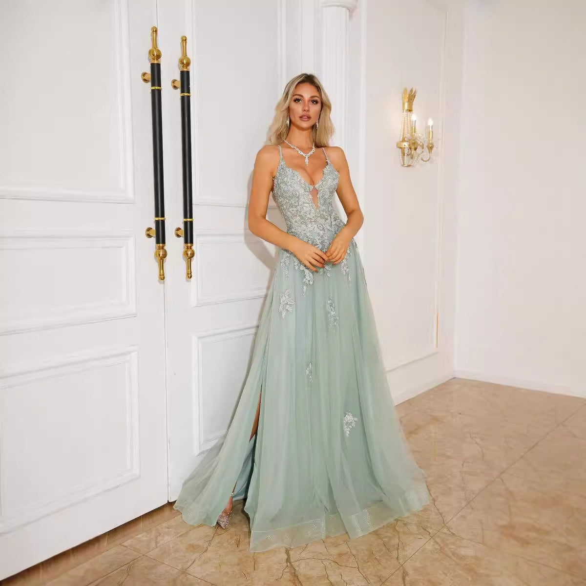 Front view of elegant sleeveless prom dress for women