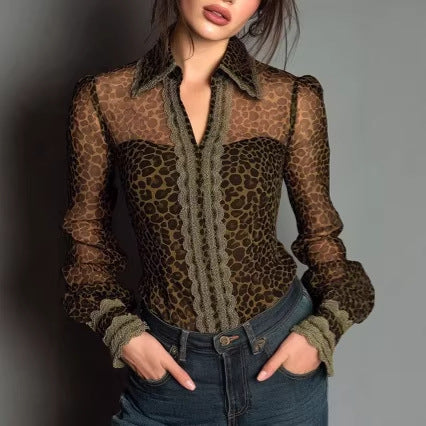 Sexy Lace Leopard-Print Vintage Long-Sleeve Top For Women