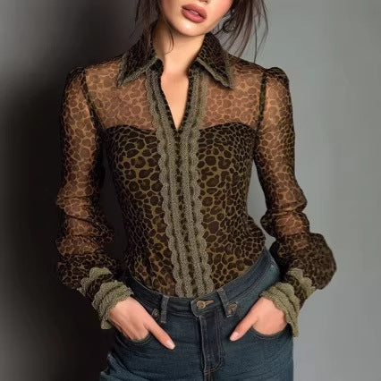 Sexy Lace Leopard-Print Vintage Long-Sleeve Top For Women