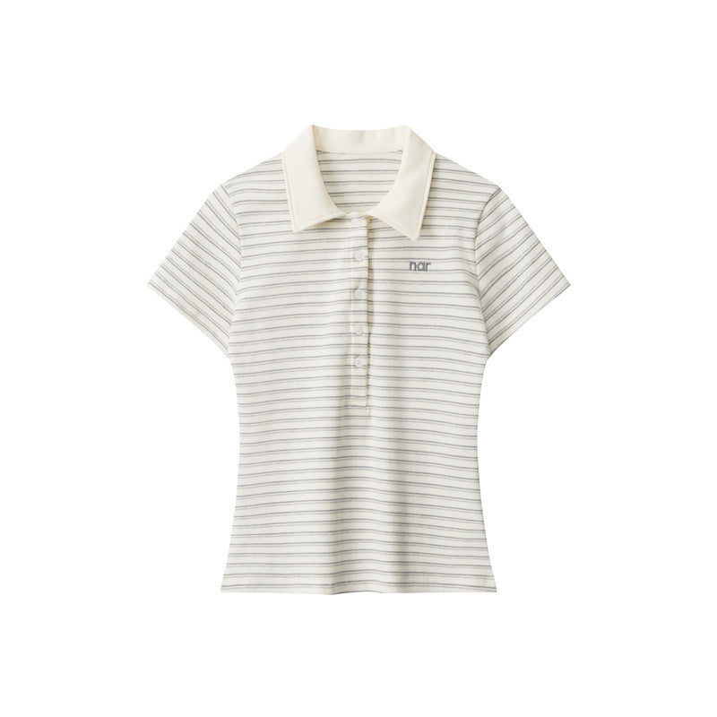Striped-design T-shirt Contrast-color Short-sleeve Top For Women