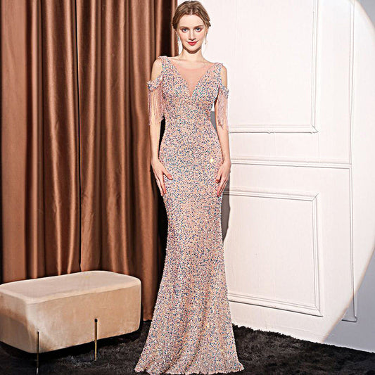 Elegant sequin mermaid evening dress for women full-length view