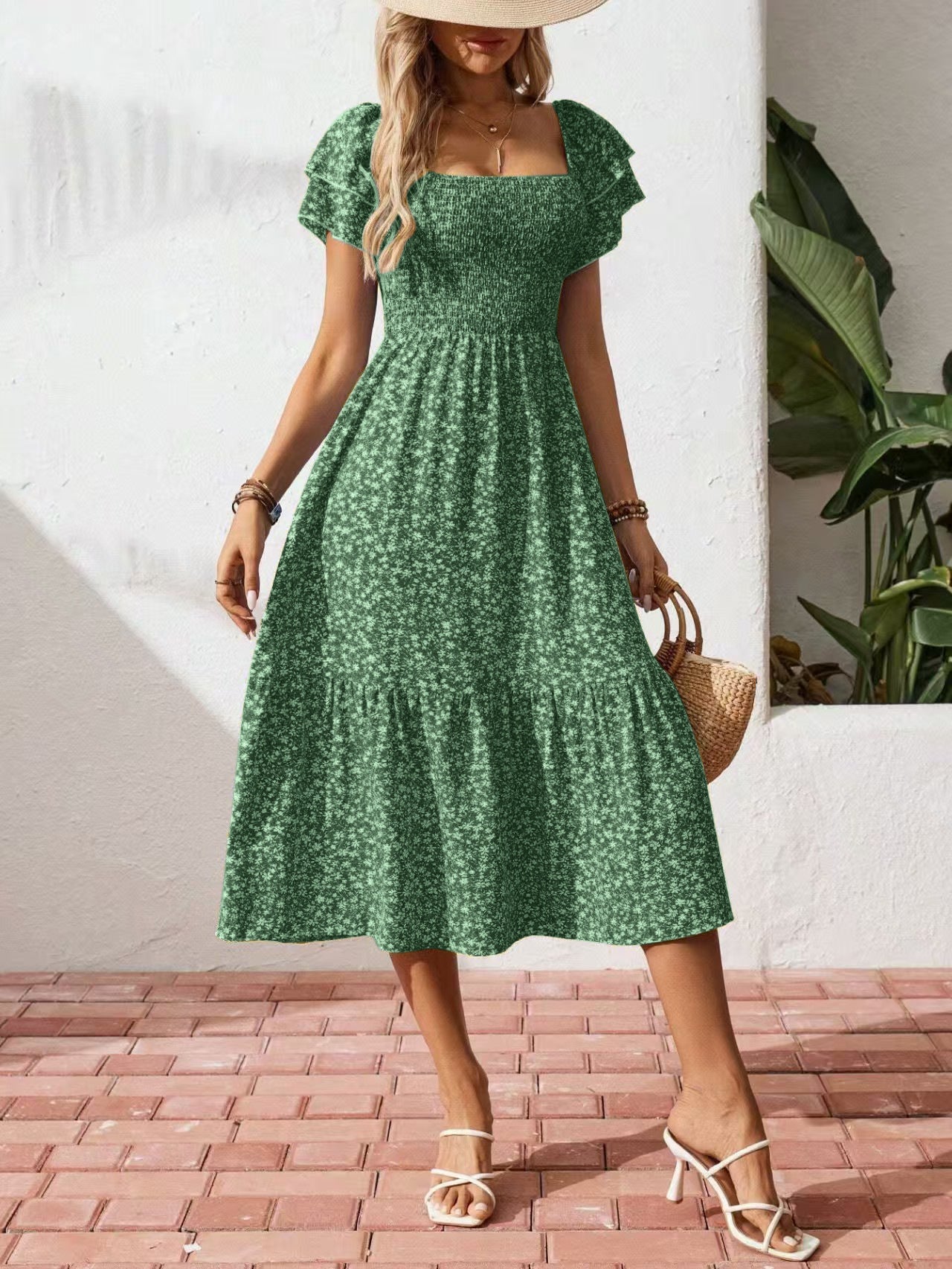 New European And American-style Square-neck Puffed-sleeve Floral-print Dress