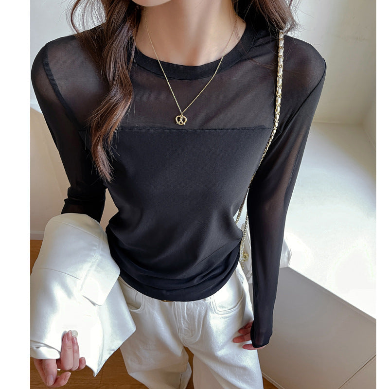 Womens Mesh-spliced Crewneck Long-sleeve T-shirt For Layering