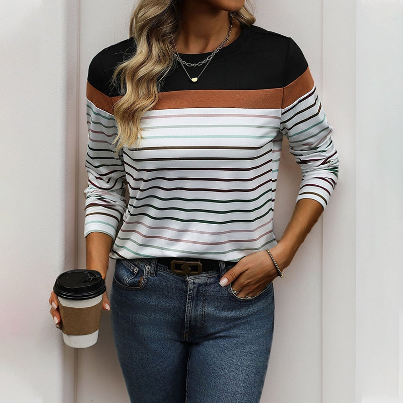 Color-block Striped Long-sleeve T-shirt Casual Top For Women